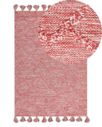 Beliani Hand Tufted Cotton Area Rug 140 X 200 Cm - Red And White Geometric, Thick Low Pile With Tassels - thumbnail 3
