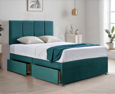 Comfort Emerald Green 4Ft Small Double Plush Divan Bed With Spring Memory Foam Mattress 20 Inch Headboard And Drawers
