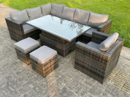 Fimous 9 Seats Dark Mixed Grey Rattan Garden Furniture Corner Sofa Set Adjustable Rising Dining Or Coffee Table With Arm Chair - thumbnail 4