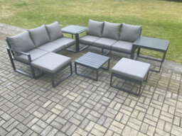 Fimous Aluminium 8 Seater Outdoor Garden Furniture Lounge Sofa Set With Square Coffee Table 2 Side Tables 2 Big Footstools - thumbnail 2