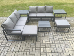 Fimous Aluminium 8 Seater Outdoor Garden Furniture Lounge Sofa Set With Square Coffee Table 2 Side Tables 2 Big Footstools - thumbnail 1