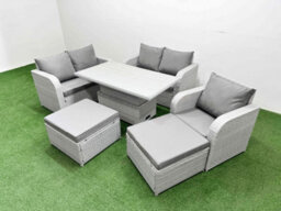 Fimous High Back Poly Rattan Garden Furniture Set Reclining Chair Loveseat Sofa Indoor Outdoor Set 2 Big Stool Light Grey - thumbnail 2