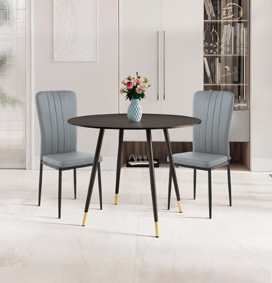 Hallowood Furniture Finley Small Round Dining Table In Black Finish With 2 Light Grey Faux Leather Chairs - image 1