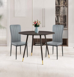 Hallowood Furniture Finley Small Round Dining Table In Black Finish With 2 Light Grey Faux Leather Chairs - thumbnail 1