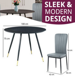 Hallowood Furniture Finley Small Round Dining Table In Black Finish With 2 Light Grey Faux Leather Chairs - thumbnail 3