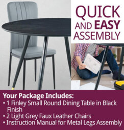 Hallowood Furniture Finley Small Round Dining Table In Black Finish With 2 Light Grey Faux Leather Chairs - thumbnail 7