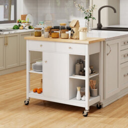 Costway Kitchen Trolley Cart Rolling Kitchen Island W/ Cabinet & Rubber Wood Top