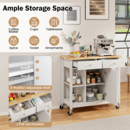 Costway Kitchen Trolley Cart Rolling Kitchen Island W/ Cabinet & Rubber Wood Top - thumbnail 5