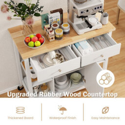 Costway Kitchen Trolley Cart Rolling Kitchen Island W/ Cabinet & Rubber Wood Top - thumbnail 4