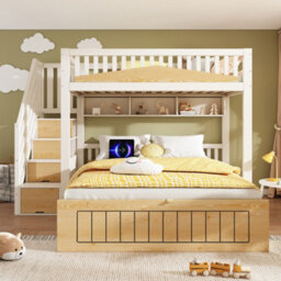 Btm Offset Bunk Bed For Kids, Staircase Design With Hydraulic Storage And Usb, 90+135X190Cm, White/natural - thumbnail 7
