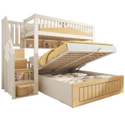 Btm Offset Bunk Bed For Kids, Staircase Design With Hydraulic Storage And Usb, 90+135X190Cm, White/natural - thumbnail 6