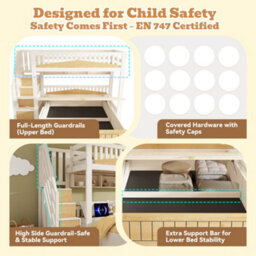 Btm Offset Bunk Bed For Kids, Staircase Design With Hydraulic Storage And Usb, 90+135X190Cm, White/natural - thumbnail 5