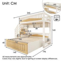Btm Offset Bunk Bed For Kids, Staircase Design With Hydraulic Storage And Usb, 90+135X190Cm, White/natural - thumbnail 2