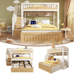 Btm Offset Bunk Bed For Kids, Staircase Design With Hydraulic Storage And Usb, 90+135X190Cm, White/natural - thumbnail 1