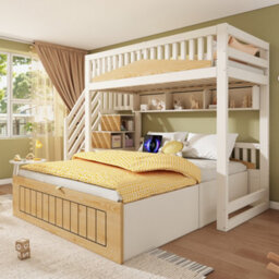 Btm Offset Bunk Bed For Kids, Staircase Design With Hydraulic Storage And Usb, 90+135X190Cm, White/natural - thumbnail 8