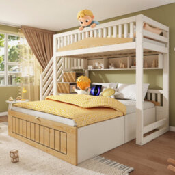 Btm Offset Bunk Bed For Kids, Staircase Design With Hydraulic Storage And Usb, 90+135X190Cm, White/natural - thumbnail 9