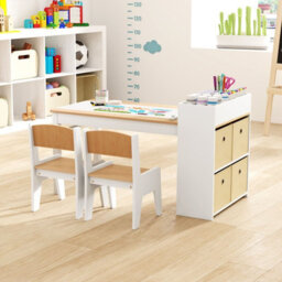 Costway Kids Art Table&chairs Set Wooden Kids Craft Study Desk W/storage-Natural - thumbnail 6
