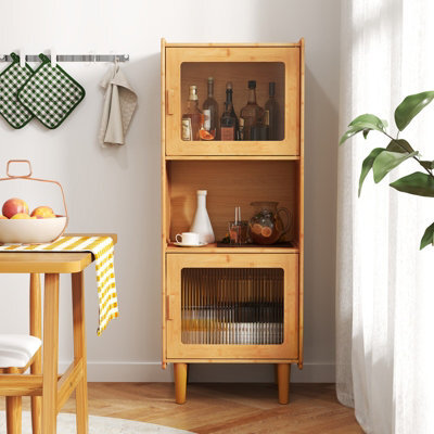 Costway 130Cm Kitchen Bamboo Sideboard 3-Cube Display Cabinet Bookcase W/ 2 Acrylic Doors - image 1