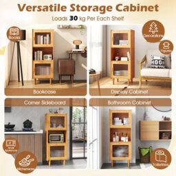 Costway 130Cm Kitchen Bamboo Sideboard 3-Cube Display Cabinet Bookcase W/ 2 Acrylic Doors - thumbnail 9