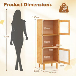 Costway 130Cm Kitchen Bamboo Sideboard 3-Cube Display Cabinet Bookcase W/ 2 Acrylic Doors - thumbnail 3