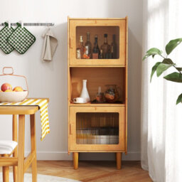 Costway 130Cm Kitchen Bamboo Sideboard 3-Cube Display Cabinet Bookcase W/ 2 Acrylic Doors