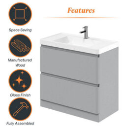 Plum&clay Marvel Gloss Light Grey Floor Standing Bathroom Vanity Unit With Resin Basin (W)900mm - thumbnail 6