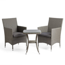 Vonhaus Bistro Set For 2, Rattan Effect Garden Table & Chairs With Removable Cushions, 3-Piece Grey Garden Furniture Set, Bali