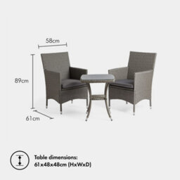 Vonhaus Bistro Set For 2, Rattan Effect Garden Table & Chairs With Removable Cushions, 3-Piece Grey Garden Furniture Set, Bali - thumbnail 4