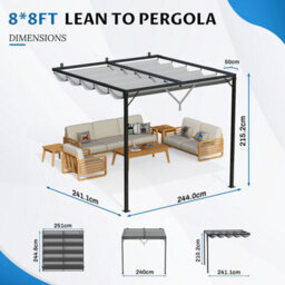 Onemill Lean To Pergola With Retractable Canopy,wall-Mounted Garden Gazebo And Sun Shelter - thumbnail 4
