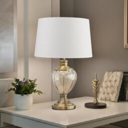 Lighting Supermarket Hepburn Large Amber Glass Table Lamp Antique Brass With Ivory Gold Linen Shade 58Cm
