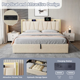 Abrihome 5Ft King Upholstered Bed Frame With Hydraulic Storage, Led Headboard With Charging Station, Usb, Linen,beige (No Mattress) - thumbnail 3