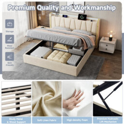 Abrihome 5Ft King Upholstered Bed Frame With Hydraulic Storage, Led Headboard With Charging Station, Usb, Linen,beige (No Mattress) - thumbnail 5