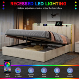 Abrihome 5Ft King Upholstered Bed Frame With Hydraulic Storage, Led Headboard With Charging Station, Usb, Linen,beige (No Mattress) - thumbnail 4