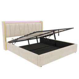 Abrihome 5Ft King Upholstered Bed Frame With Hydraulic Storage, Led Headboard With Charging Station, Usb, Linen,beige (No Mattress) - thumbnail 9