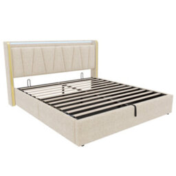 Abrihome 5Ft King Upholstered Bed Frame With Hydraulic Storage, Led Headboard With Charging Station, Usb, Linen,beige (No Mattress) - thumbnail 8