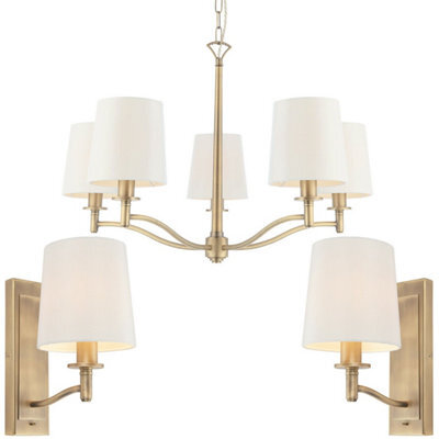 5 Bulb Ceiling Pendant Lamp & 2X Matching Wall Light Matt Antique Brass & Shade - image 1