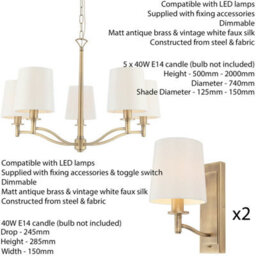 5 Bulb Ceiling Pendant Lamp & 2X Matching Wall Light Matt Antique Brass & Shade - thumbnail 2