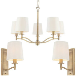 5 Bulb Ceiling Pendant Lamp & 2X Matching Wall Light Matt Antique Brass & Shade - thumbnail 1