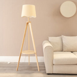 Valuelights Morrigan Natural Wood Shelf Tripod Floor Lamp With White Trim Scallop Shade And Bulb - thumbnail 3