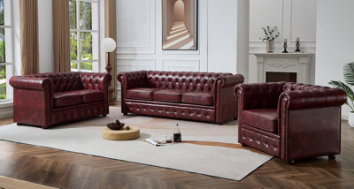 UK Leisure World Chesterfield Ox Red Faux Leather Sofa Set Suites Settee 3 2 1 Seater Armchair Brown - image 1