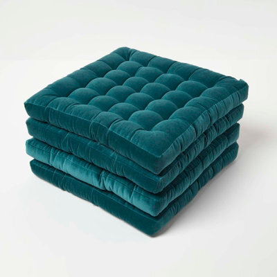 Homescapes Set Of 4 Teal Green Velvet Seat Pad Or Dining Chair Cushion 40 X 40 Cm Cotton Quilted Chair Pad For Indoor & Outdoor - image 1