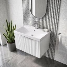 Balterley Tixall Fluted 1 Drawer Wall Hung Vanity Unit With Thin Edge Basin, Satin White, 600mm - thumbnail 3