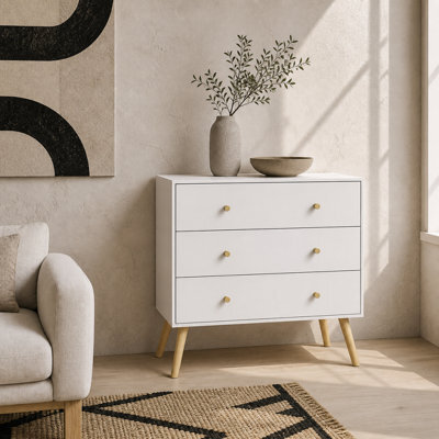 Wyld Haus Lerosa Scandi 3-Drawer White Chest With Natural Angled Wooden Legs 80W X 30D X 80H Cm - image 1