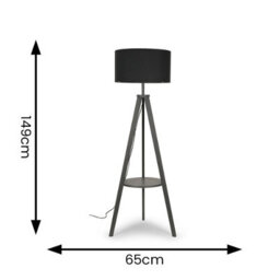 Valuelights Morrigan Grey Wood Shelf Tripod Floor Lamp With Charcoal Drum Shade - thumbnail 9