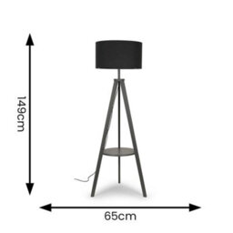 Valuelights Morrigan Grey Wood Shelf Tripod Floor Lamp With Charcoal Drum Shade - thumbnail 8