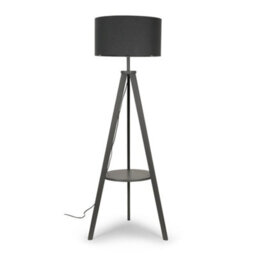 Valuelights Morrigan Grey Wood Shelf Tripod Floor Lamp With Charcoal Drum Shade
