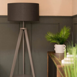 Valuelights Morrigan Grey Wood Shelf Tripod Floor Lamp With Charcoal Drum Shade - thumbnail 3