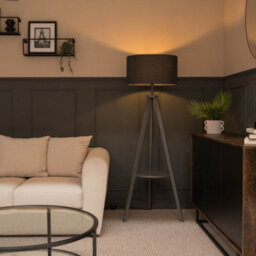 Valuelights Morrigan Grey Wood Shelf Tripod Floor Lamp With Charcoal Drum Shade - thumbnail 6