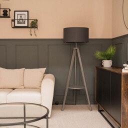 Valuelights Morrigan Grey Wood Shelf Tripod Floor Lamp With Charcoal Drum Shade - thumbnail 5
