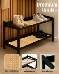 Keplin 2 Tier Bamboo And Rattan Shoe Rack Organiser, Compact Design For Hallway, Stylish And Functional Storage- Black And Natural - thumbnail 4